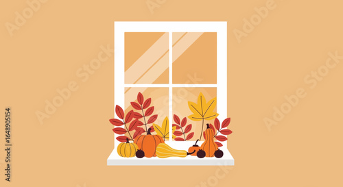 Autumnal Still Life With Pumpkins Leaves And A Window For Fall Season