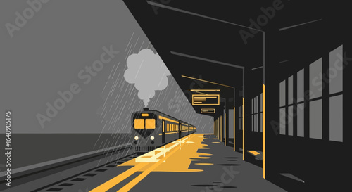 Arriving Train Under The Rain At Train Station In The Evening