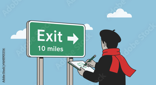 Artist Capturing Roadside Exit Sign with Sketchbook on a Cloudy Afternoon