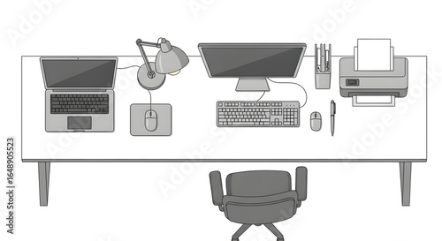 Overhead View of Modern Office Desk with Computer and Laptop.