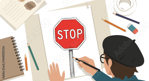 Artist Drawing A Stop Sign At His Desk In The Workshop Studio