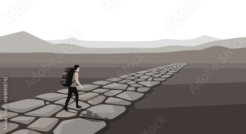 Backpacker Exploring A Mountainous Landscape On A Stone Paved Road Journey