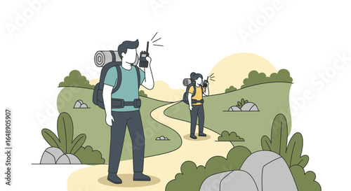 Backpackers In Nature Communicate Using Walkie Talkies On Hiking Adventure