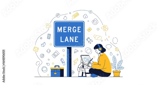 Artistic Exploration Woman Drawing Near Merge Lane Sign with Creative Ideas