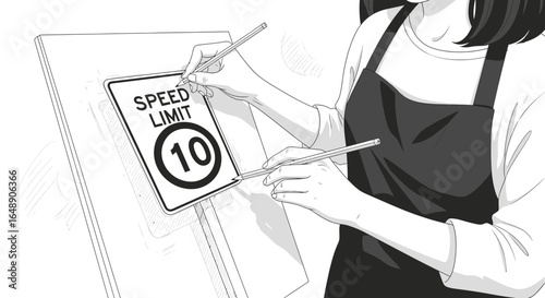 Artistic Rendering Of Speed Limit Sign With An Artist In Monochrome