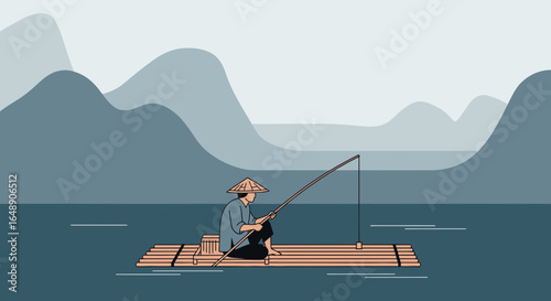 Asian fisherman with conical hat fishing on a bamboo raft in serene waters with mountains backdrop