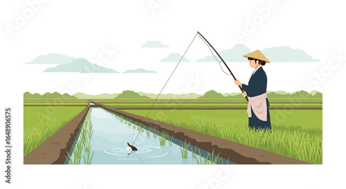 Asian Woman Fishing In Rice Fields Traditional Fishing Activity Vector