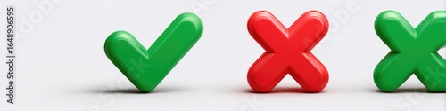 Three 3D symbols green checkmark, red x, green x