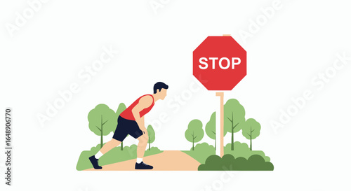Athlete Pausing Near Stop Sign Amidst Verdant Nature Trail Scene