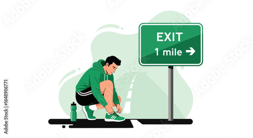 Athlete Preparing For Run Near Exit Sign For Active Lifestyle Content