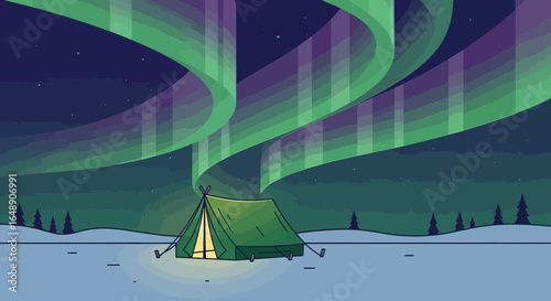 Aurora Borealis Above a Camping Tent in a Snowy Winter Landscape