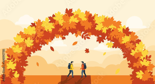 Autumn adventure: two hikers under a canopy of colorful leaves in an idyllic landscape