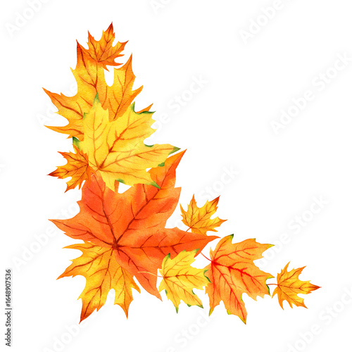 orange maple leaves, watercolor corner composition with autumn leaves, hand drawn illustration of yellow and orange leaves, sketch isolated on white background, for autumn event posters