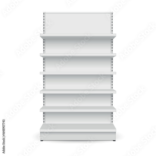White empty store shelf rack mockup front. Product shelves counter design. Supermarket product advertising blank.
