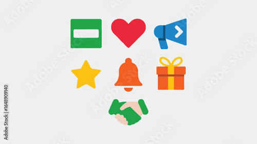 Social media engagement icons for digital marketing strategy showing interaction elements and promotion tools to improve online presence and encourage user activity