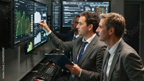 Financial analysts collaborating to analyze market data and trading charts displayed on multiple screens in a modern office setting.