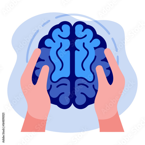 Hands holding brain illustration in blue and pink color scheme  