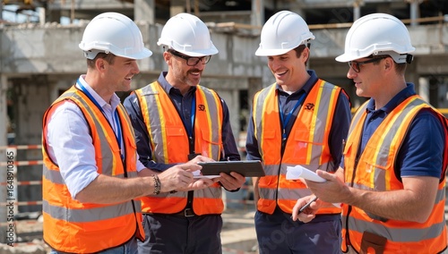 Four construction professionals wearing hard hats and high-visibility vests collaborate while reviewing plans and a tablet on a building site.