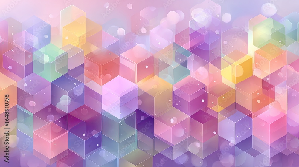 Obraz premium Abstract background of overlapping, translucent cubes in pastel colors, with soft bokeh