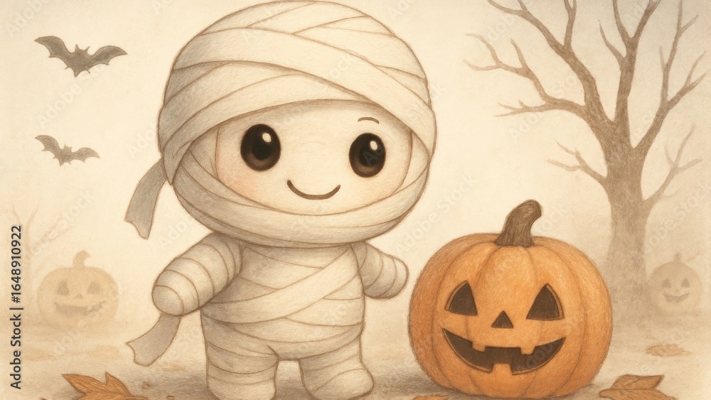 Fototapeta premium Cute mummy with Halloween pumpkin
