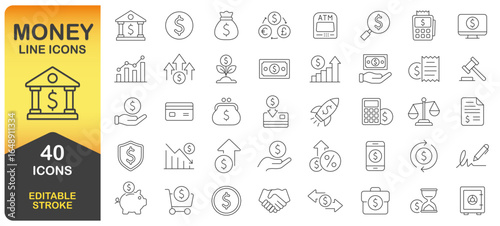 Money and Banking Editable Stroke Line Icons Set. Personal Finance Thin Line Icon Collection. Budget, Savings, Expense, Income, Loan, Dollar, Euro, Pound. Isolated Vector Illustration Image.