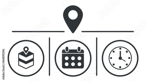 Timeline icons with location calendar and clock for schedule planning illustration
