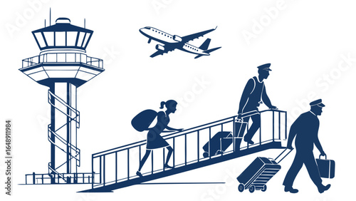 People traveling at airport with airplane flight and control tower illustration
