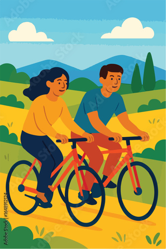 Couple cycling together in the countryside Illustration