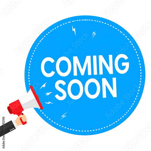 Coming soon announcement megaphone isolated on transparent background