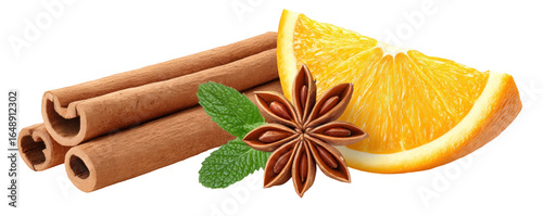 Orange slice cinnamon stick star anise and mint leaf isolated transparent background for cooking