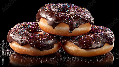Three chocolate frosted donuts with colorful sprinkles on black background frosting sweet