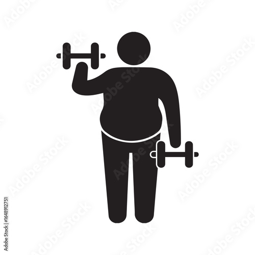 Obese person lifting dumbbells, fat man workout glyph icon. Weight loss and fitness concept.