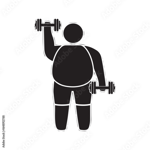 Obese person lifting dumbbells, fat man workout glyph icon. Weight loss and fitness concept.