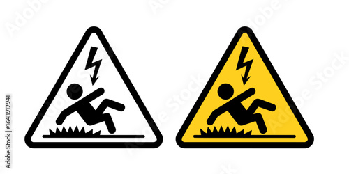 Electrical hazard warning sign with lightning bolt icon and fall danger alert safety symbol design
