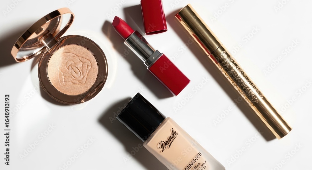 Obraz premium Cosmetic products, lipstick, compact powder, mascara, foundation, on white background