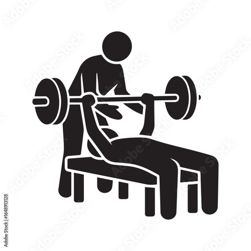 Personal trainer assisting man with bench press weightlifting. Gym workout with spotter, stick figure pictogram.
