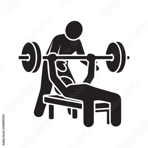 Personal trainer assisting man with bench press weightlifting. Gym workout with spotter, stick figure pictogram.
