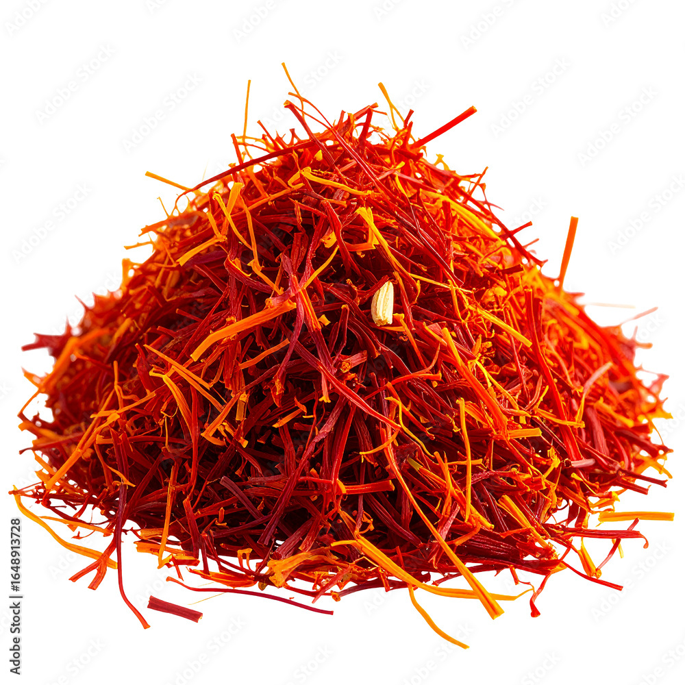 Naklejka premium Golden Threads Isolated On White Background: A close-up shot showcasing the vibrant, fiery red threads of saffron, prized as a precious spice. Its intense color. 