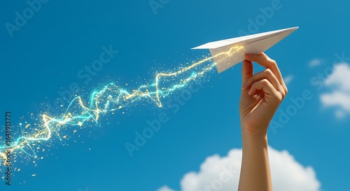 Paper Airplane Soaring with Electric Trail Against a Bright Blue Sky