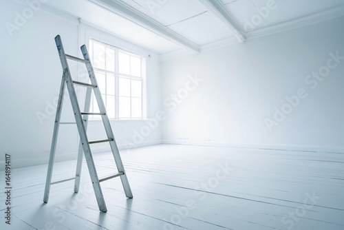 White room and stepladder, concept for starting renovation.