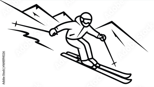 Stylized Skier on Mountain Slope in Action Monochrome Winter Sport Adventure Outdoors Recreation and Healthy Lifestyle Illustration Perfect for Graphic Design and Print