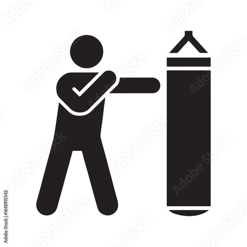 Boxer training with a punching bag, combat sports workout silhouette icon.