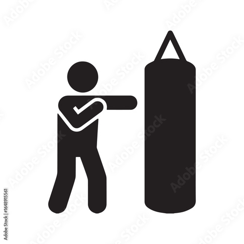 Boxer training with a punching bag, combat sports workout silhouette icon.