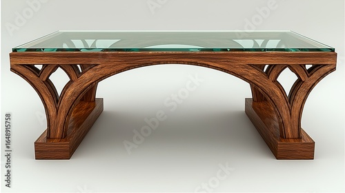Glass Table Top with Arched Pattern Wooden Base 3D Render on White Background