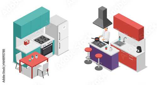 Isometric kitchen scene with chef cooking and vibrant cabinets