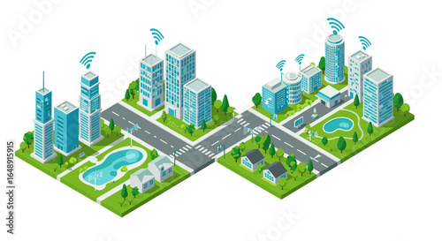 Smart city isometric design with modern buildings, green spaces, and technology