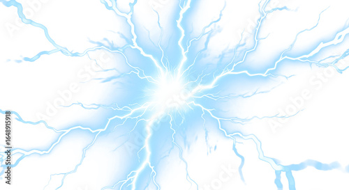 Explosion of Bright Blue Electric Lightning Energy Bursting Outward on Transparent Background
