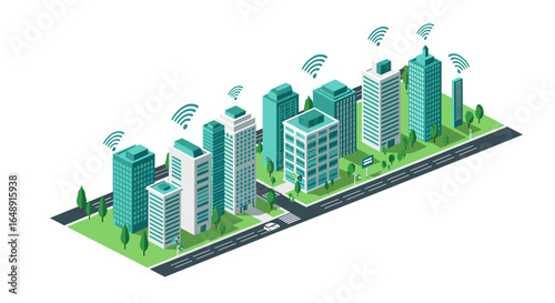 Smart city connectivity with isometric green buildings and wifi signals