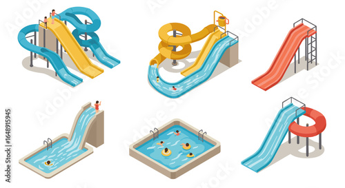Isometric water park slides and pools set for summer fun and recreation