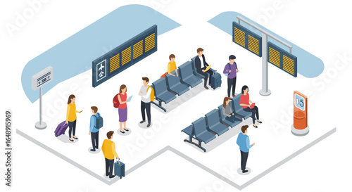 Busy airport waiting area in isometric style with passengers and departure boards